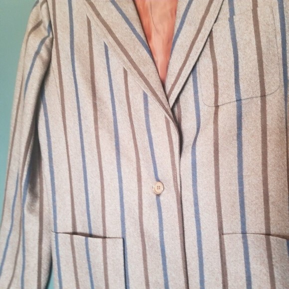 Ted Lapisus Long One Button 3 Pocket Brown Blue Stripe Shoulder Pad Blazer 42 - Picture 3 of 9